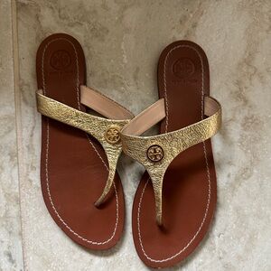 Tory Burch Metallic Gold Leather Thong Sandals